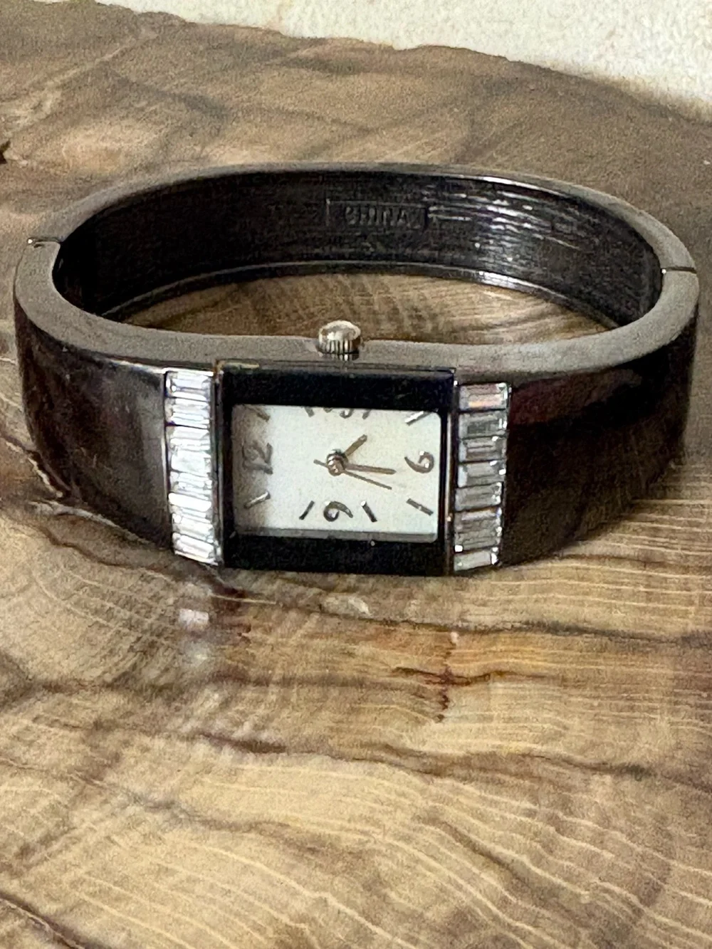 Black Bangle Hinged Watch with Crystal Accents